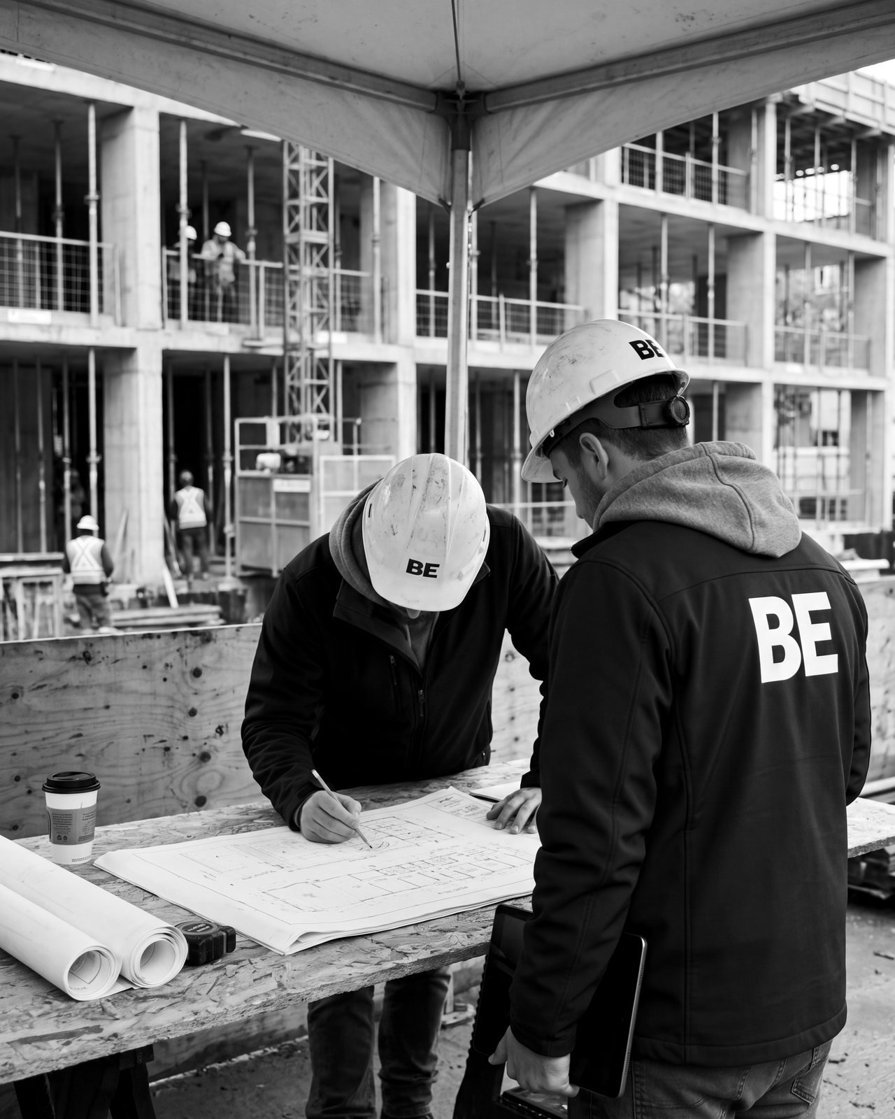 Two BE project associates reviewing drawings at a site table on a construction site.